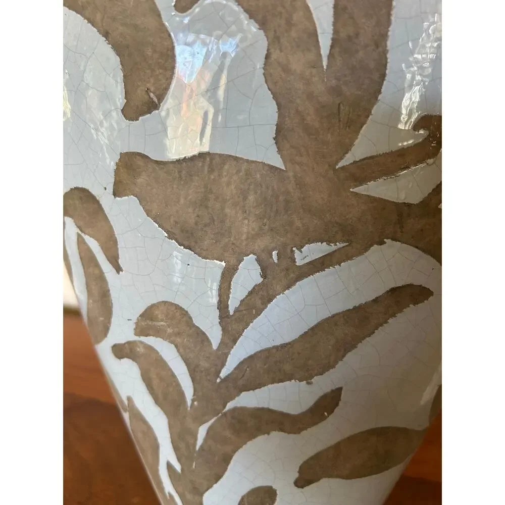 Vintage Sgraffito-style Ceramic Vase Blue Gray Leaf Floral Pattern